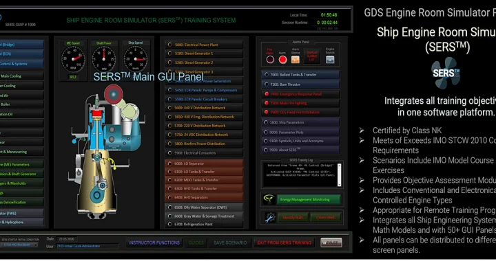 Ship Engine Room Simulator (ERS) SERS GDS Engineering R&D IMO STCW 2010, Engine Performance, Main Diesel Engine, Marine, Maritime, IMO Model Course 2.07. Certified by ClassNK. ITU Maritime Faculty. Yıldız Technical University. Competencies. Operation and Management Level. Education and Training. Assessment of Marine Engineers. Troubleshooting with Fault Tree Scnearious and Analysis Reporting. Objective Assessment. Nippon Kaiji Kyokai.High Voltage Training Functions 6600 VAC. Ship Propulsion Systems. Maritime Education and Training. Main Engine Performance. Sunken Diagrams. Energy Efficiency. Marine Engineering. Effect of Draft Change in the Ship Main Engine Performance Parameters. Management Level Training Exercices, Marine Engineering Education and Training. SERS Trademark