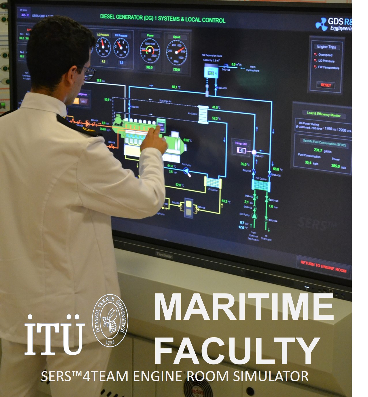 The GDS Ship Engine Room Simulator Team System (SERS™4Team) is a cutting-edge maritime simulation platform designed to enhance collaborative teamwork in the maritime industry.  Specifically developed to meet the IMO STCW 2010 Standards for Training and Certification of Watchkeeping, including Model Course 2.07 (2017 Ed.), SERS™4Team provides comprehensive marine engineering training through an immersive full mission engine room simulator (ERS) environment.     SERS™4Team focuses on IMO Engine Room Resource Management principles, enabling trainees to develop critical skills in communication, decision-making, and task allocation within a realistic engine room setting. The system covers all aspects of engine room operations, from ship electrical systems to main propulsion, and offers training at both operational and management levels.     Furthermore, SERS™4Team facilitates in-depth assessment and evaluation of trainee performance, allowing instructors to identify strengths and weaknesses. Advanced tools for root-cause analysis and troubleshooting enable trainees to understand and learn from their mistakes, ultimately improving their technical skills and problem-solving abilities.  By incorporating scenarios focused on energy efficiency, SERS™4Team promotes best practices for optimized fuel consumption and reduced environmental impact. This ensures that trainees are not only technically proficient but also environmentally responsible.    Sources and related content